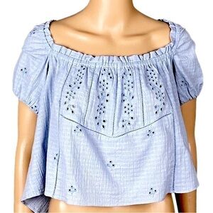 ZARA light blue, openwork eyelet, embroidered puff-sleeve crop top. Size XL.NWOT
